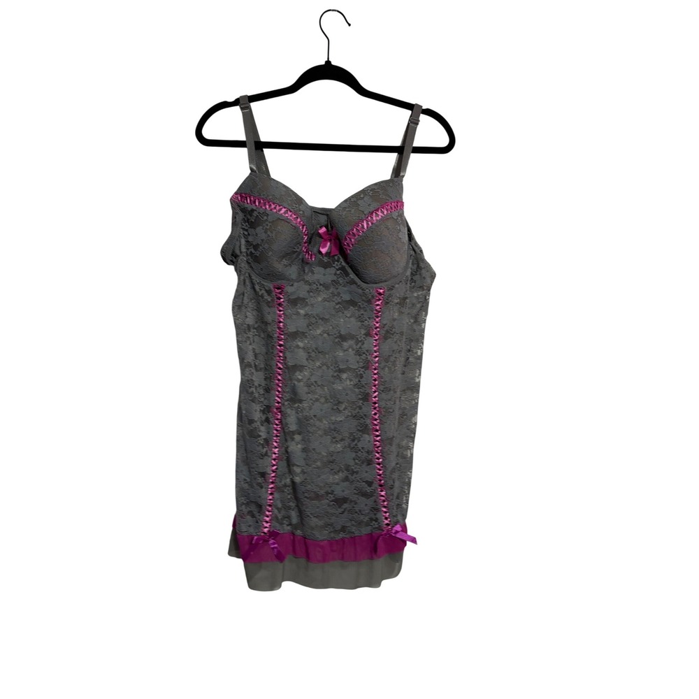 Just Sexy Intimate Chemise Lingerie Coquette Gray Pink Ribbon Lace 2X